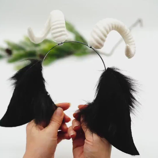 Cute Black sheep ears with horn, faux ears, White antler, sheep horn, goat horn, Black animal ears headband,Cosplay ear, goat ears