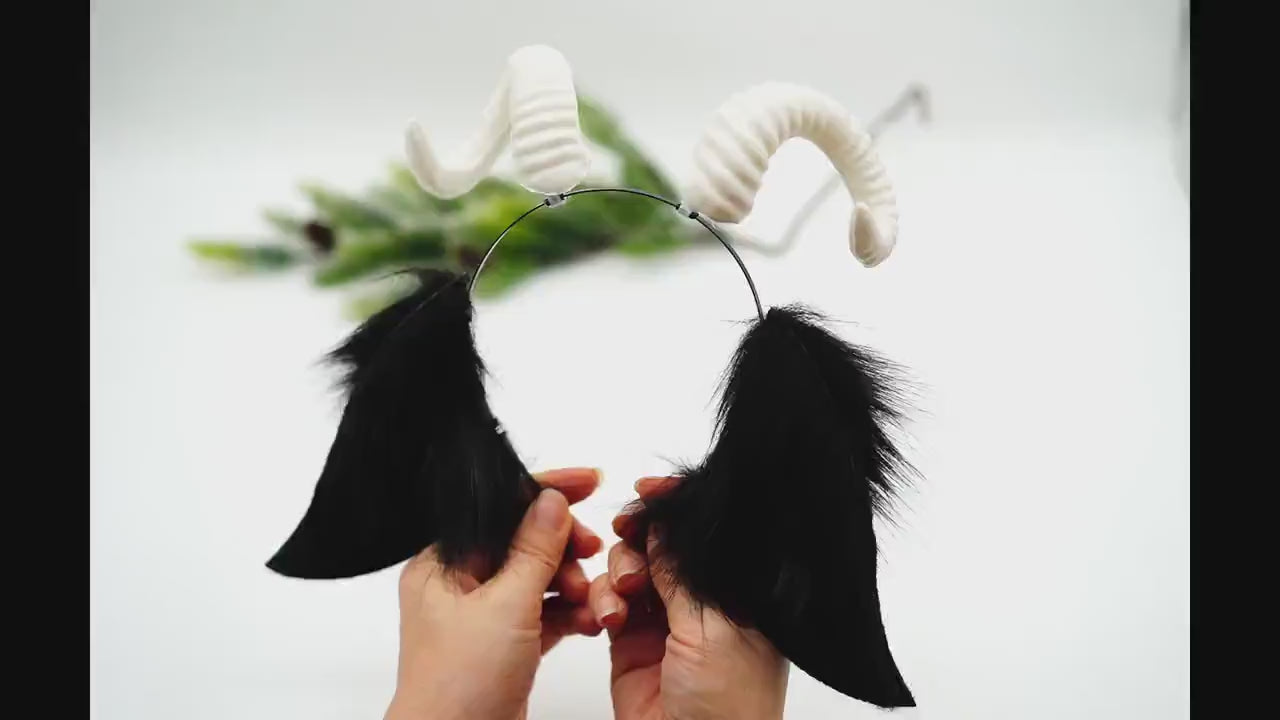 Cute Black sheep ears with horn, faux ears, White antler, sheep horn, goat horn, Black animal ears headband,Cosplay ear, goat ears