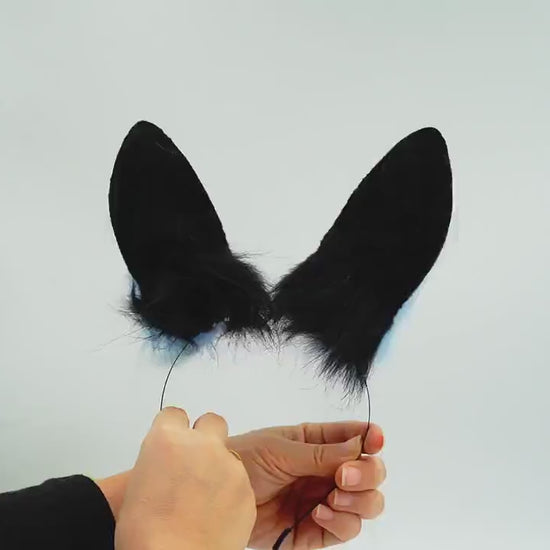 Bunny Ear & Tail Set ，Blue Bunny ears, furry faux fur costume cosplay  ears, Rabbit Ears Headband, bunny tail, Black and Blue bunny ears