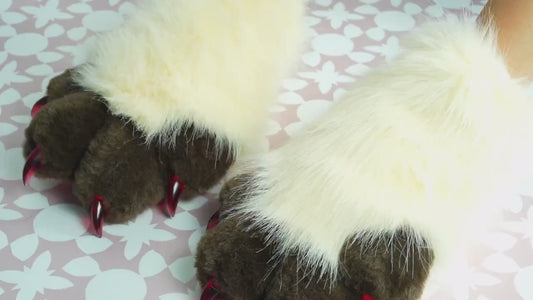 off white with brown fursuit paws, paws, punny paws, kemono, toony, custom paws, pet play, cream white paws with red paw pads, ktcatvintage