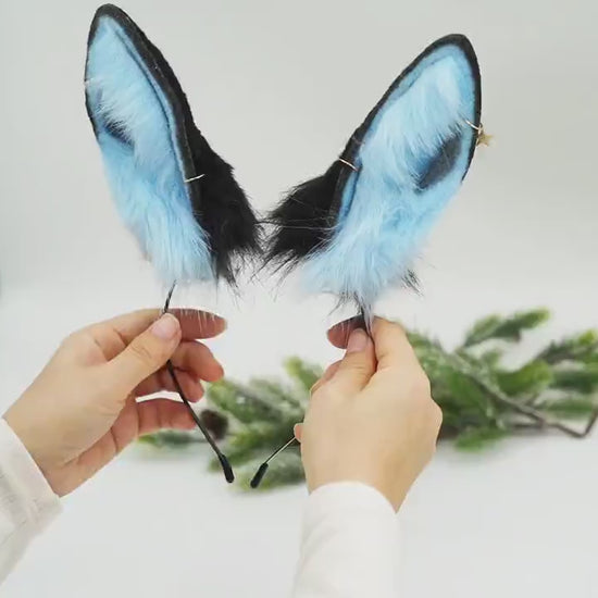 Blue Bunny ears, Fluffy ears, Faux Fur ears, Rabbit Ears Headband,Blue bunny tail, Black and Blue bunny ears