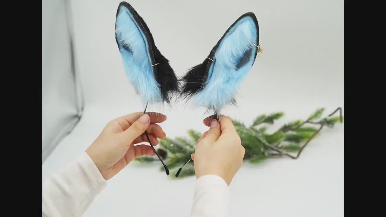 Blue Bunny ears, Fluffy ears, Faux Fur ears, Rabbit Ears Headband,Blue bunny tail, Black and Blue bunny ears